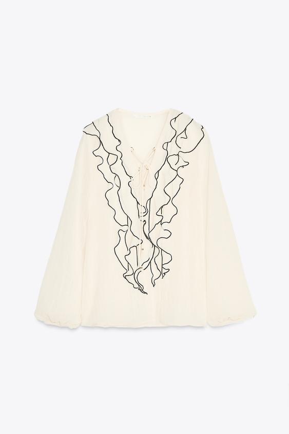 بلوز زنانه زارا SEMI-SHEER BLOUSE WITH RUFFLE TRIMS