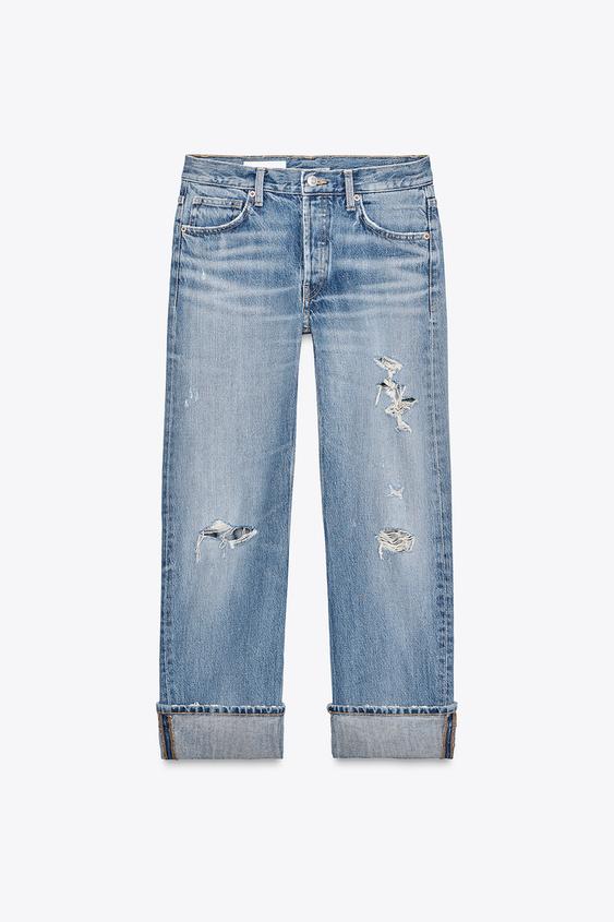 شلوار جین زنانه زارا TRF RIPPED STRAIGHT-LEG MID-WAIST JEANS