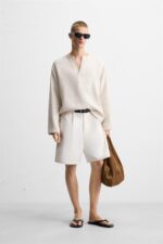 پیراهن لینن مردانه زارا LINEN BLEND TEXTURED POLO SHIRT