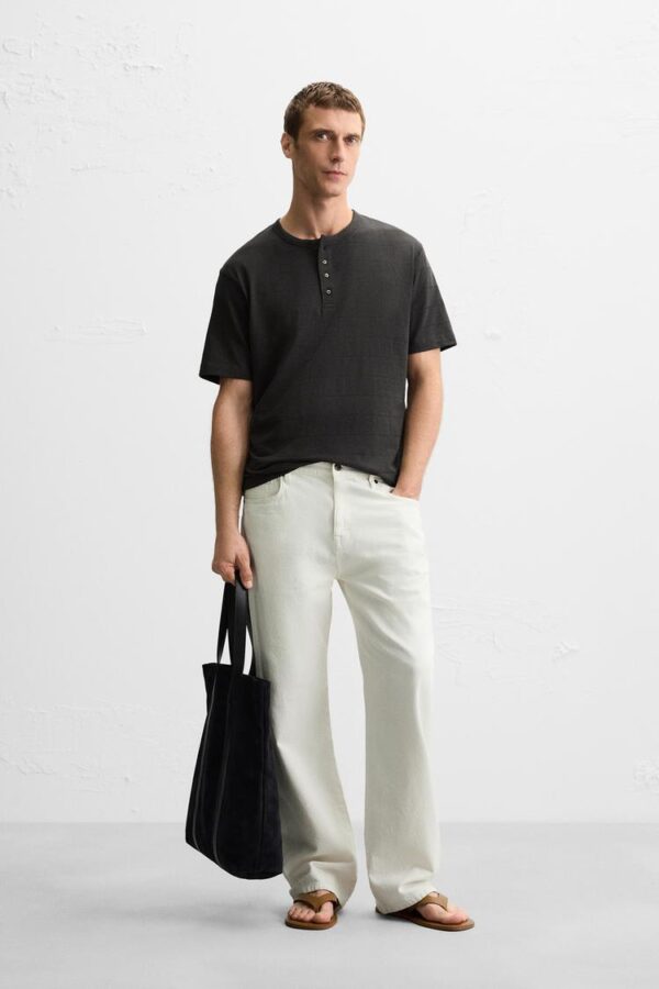 تیشرت مردانه زارا STRIPED BUTTON NECK T-SHIRT