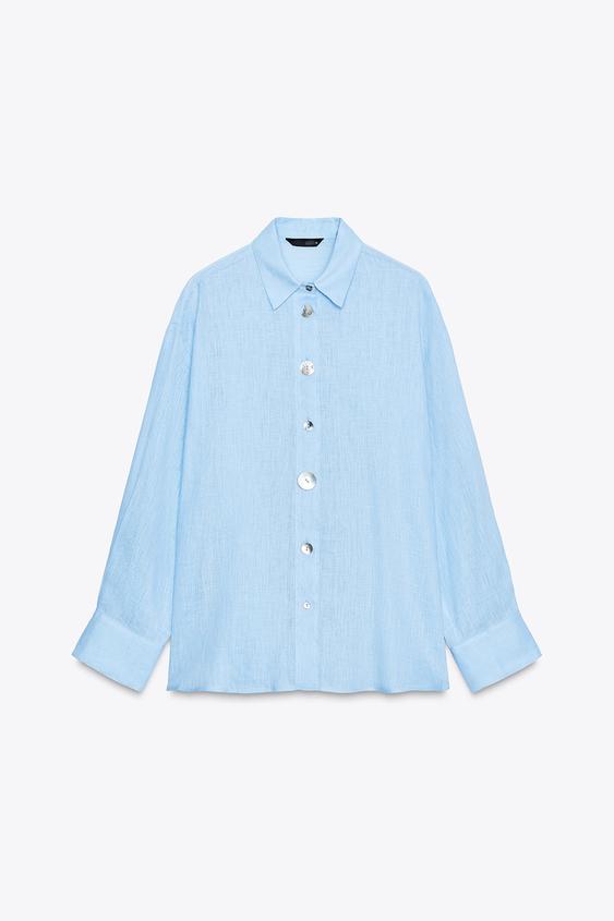 پیراهن لینن زنانه زارا 100% LINEN SHIRT WITH CONTRASTING BUTTONS