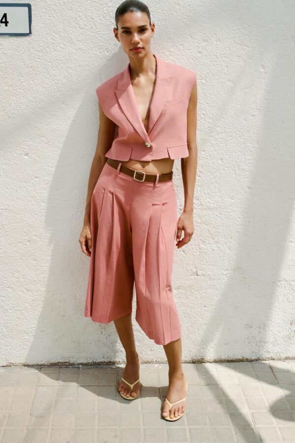 شلوارک لینن زنانه زارا LONG BERMUDA SHORTS WITH BELT IN LINEN BLEND