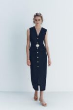 لباس میدی زنانه زارا MIDI DRESS WITH LINEN BLEND BELT