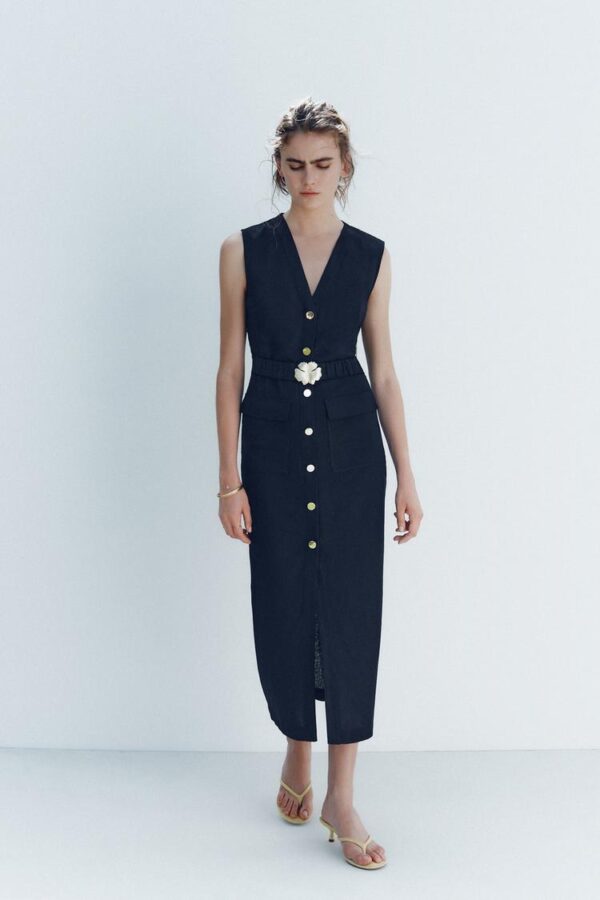 لباس میدی زنانه زارا MIDI DRESS WITH LINEN BLEND BELT