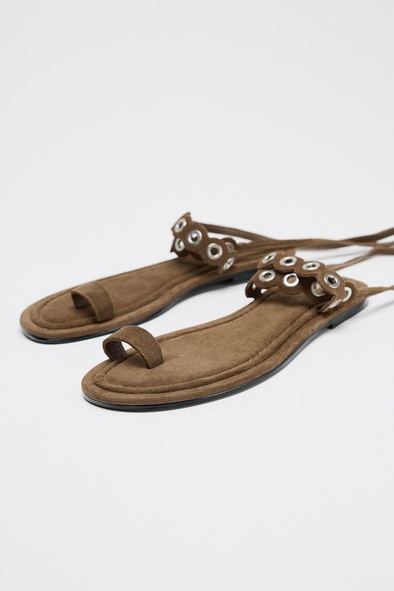 صندل چرم فلت زنانه زارا LEATHER SANDALS WITH METAL EYELETS
